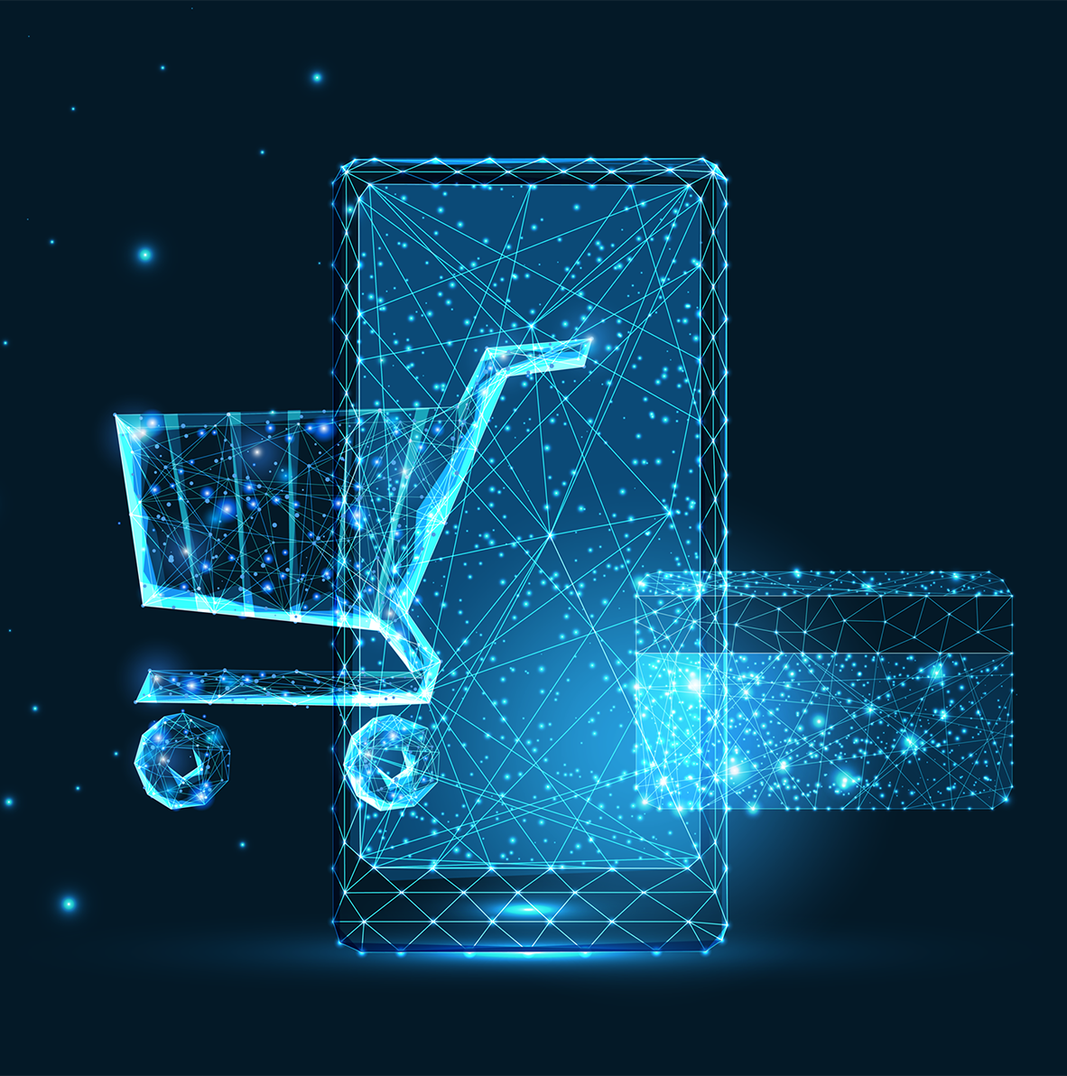 Glowing line art of a shopping cart, mobile phone, and payment card
